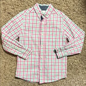 Size 6 boys pink and aqua plaid button down shirt from Gymboree.